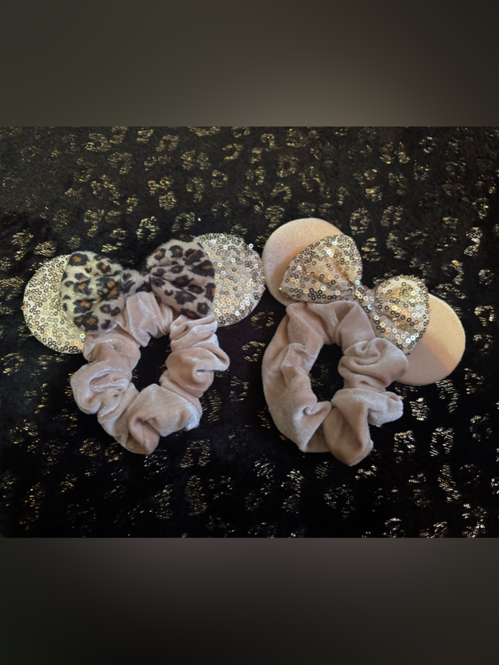 Velvet Minnie Mouse Ear Scrunchie Set Blush Pink with Sequin & Leopard Accents